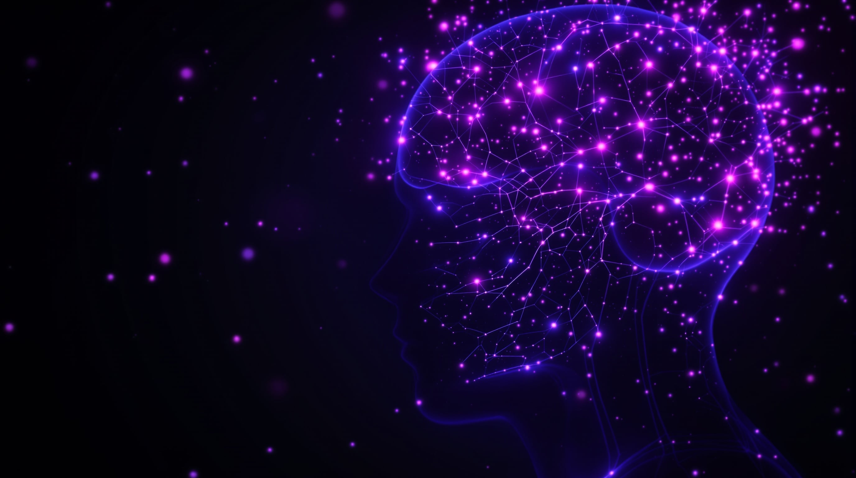 Conexiones neuronales brillantes en púrpura e índigo representando claridad mental