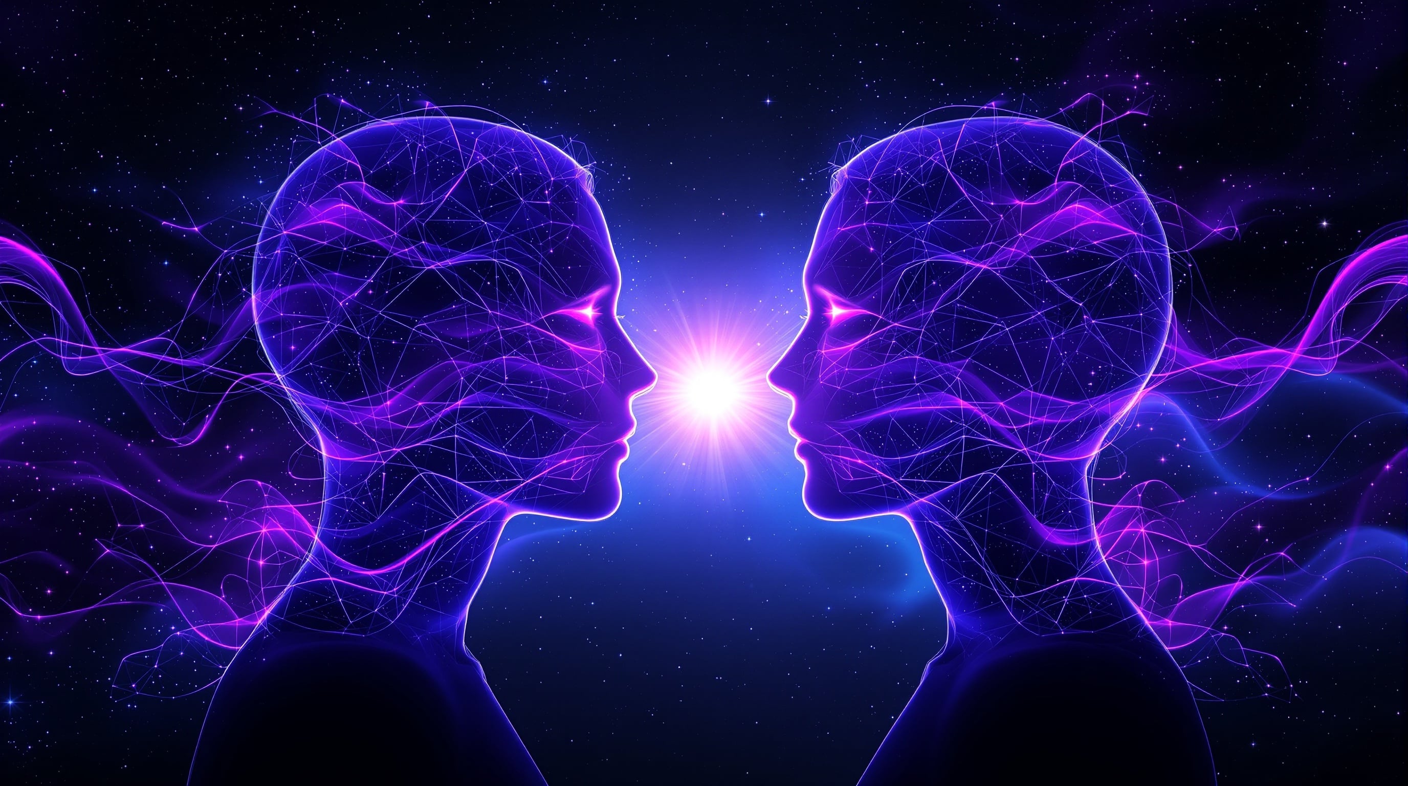 Dos siluetas conectadas por corrientes de energía púrpura representando sesiones en vivo personalizadas