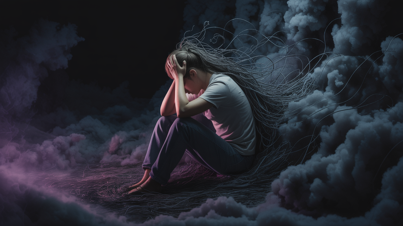 Persona atrapada en patrones mentales negativos y círculos de energía oscura