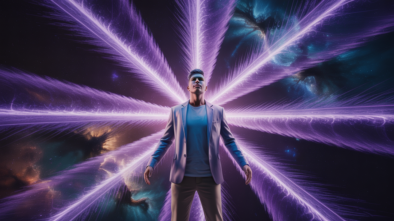 Persona irradiando energía de transformación mental con luz púrpura e índigo